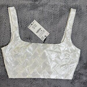 NEW Zara Womens XS White Textured Diamond Satin Bralette Crop Top Zipper Side
